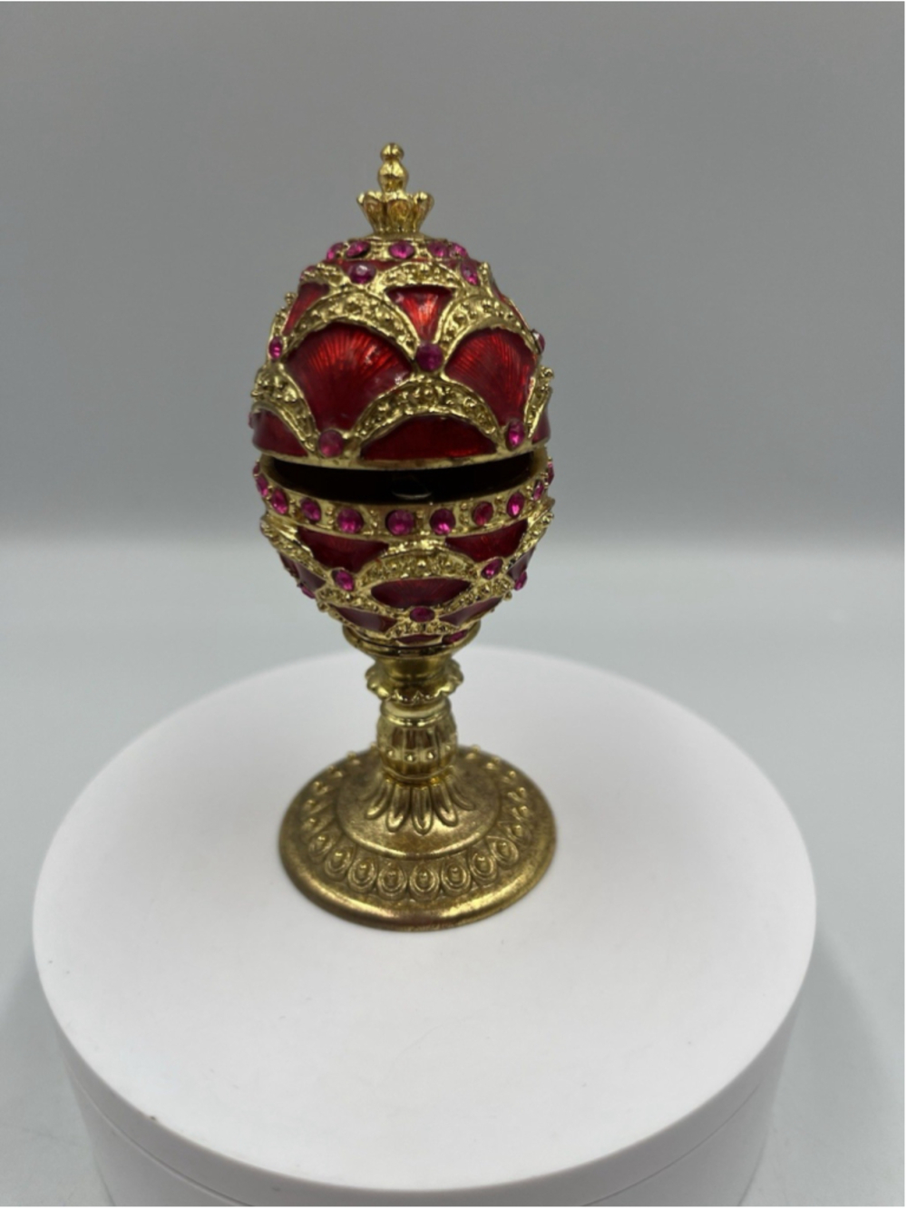 Egg-Shaped Trinket Box Red Rhinestone Enamel Collectible Magnetic Closure 4- SEE